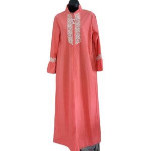 VTG Sears Take-a-Long Medium Long Zip House Dress Robe Pink Bell Sleeve Lace
